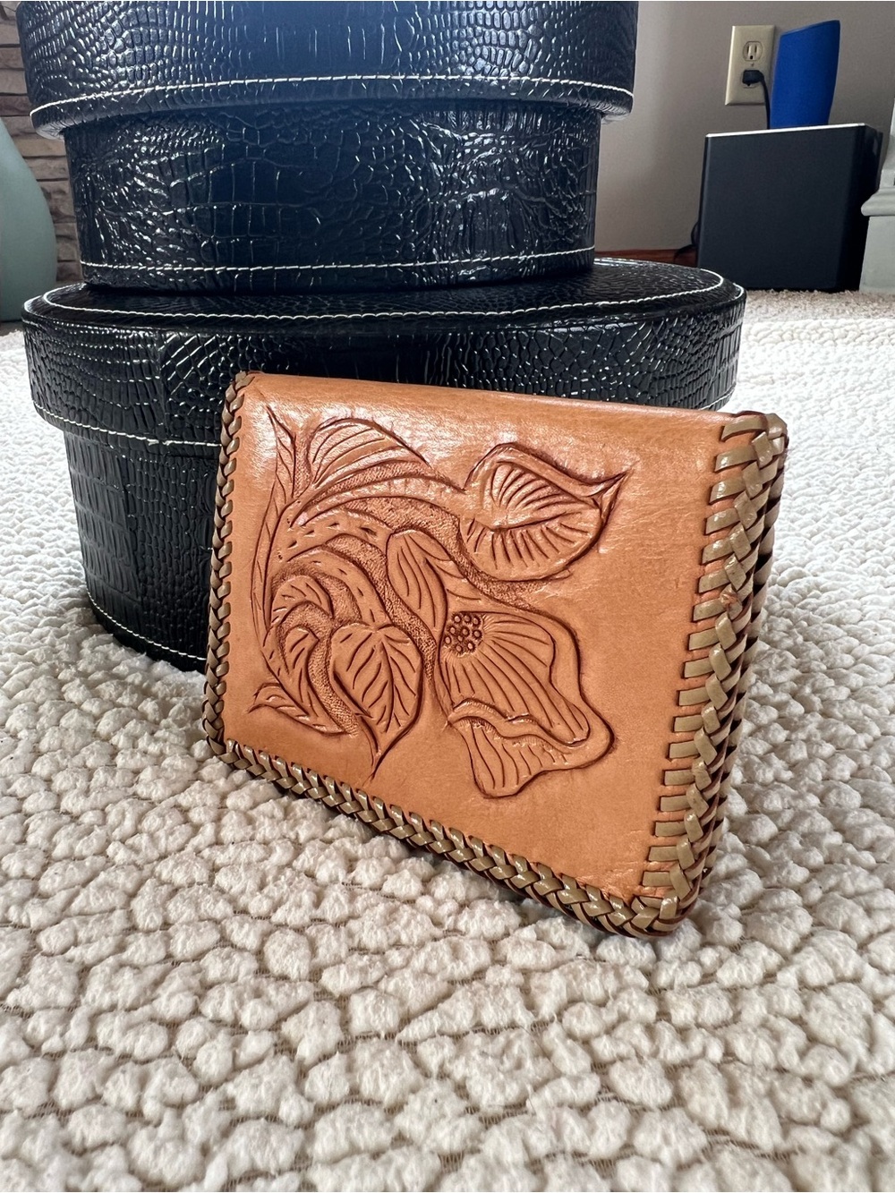 Vintage Hand-Tooled Floral Leather Wallet Clutch with Whipstitch Edging